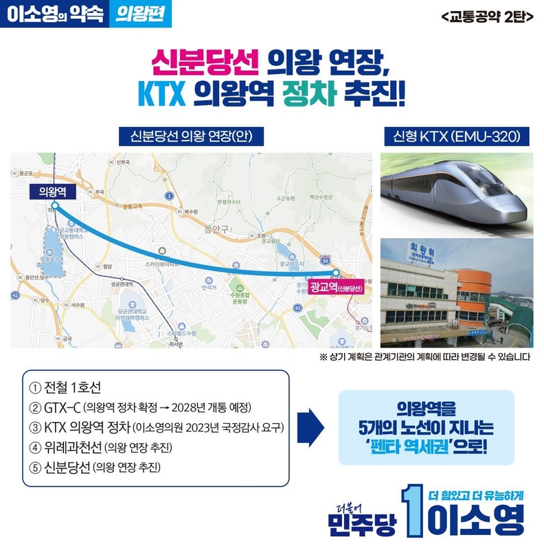 이소영 의원, 2호 공약 “교통” <의왕편 ②> 발표 "신분당선 의왕 연장”+“KTX 의왕역 정차” 추진!