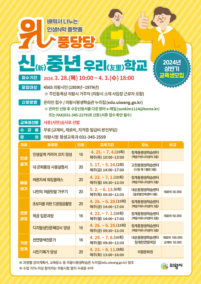 의왕시, 위풍당당 신(新)중년 우리(友里)학교 교육생 모집