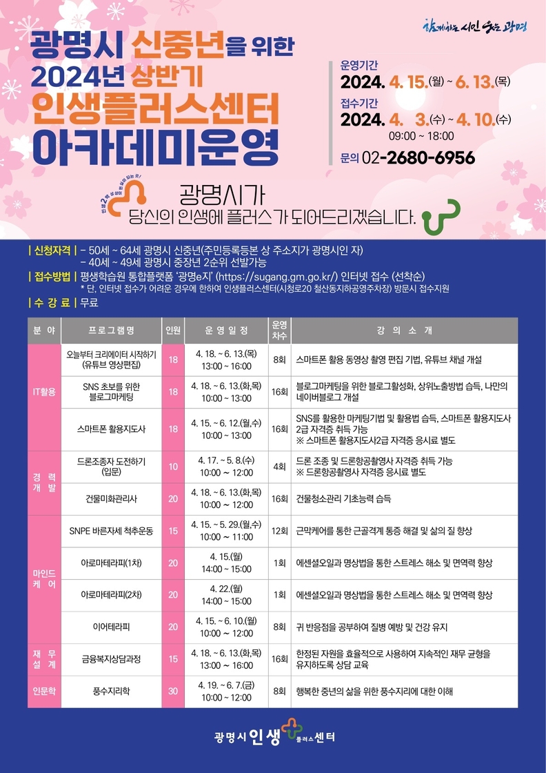 광명시가 4월부터 신중년 인생 2막을 돕는 인생플러스센터 운영을 시작하고 프로그램 참여자를 모집한다