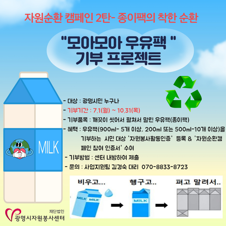재)광명시자원봉사센터, 우유팩 재활용 활성화를 위한 ‘모아모아 우유팩 기부 프로젝트’ 진행