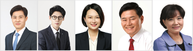 좌측부터_윤해동 의회운영위원장, 이동훈 총무경제위원장, 장명희 보사환경위원장, 정완기 도시건설위원장, 윤경숙 윤리특별위원장
