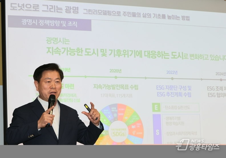 박승원 시장은 지난 11일 헤이그라운드 브릭스 성수에서 열린 ‘기후위기에 대응하는 도넛 도시 포럼’에서 ‘그린리모델링으로 주민 삶의 기초를 높이는 방법’을 주제로 발표했다. 사진은 박승원 광명시장.