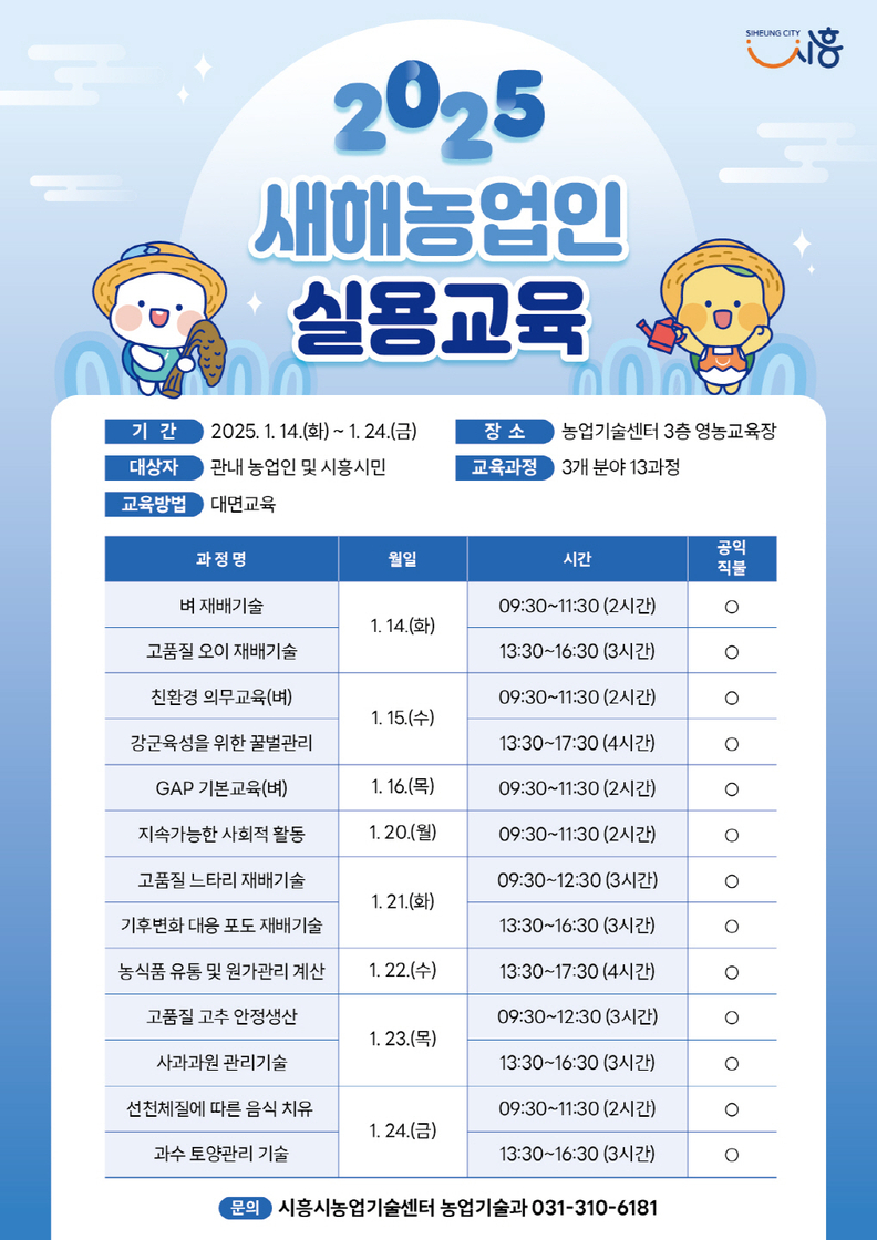 시흥시, 2025년 새해 농업인 실용 교육 1월 14일부터 24일까지 진행
