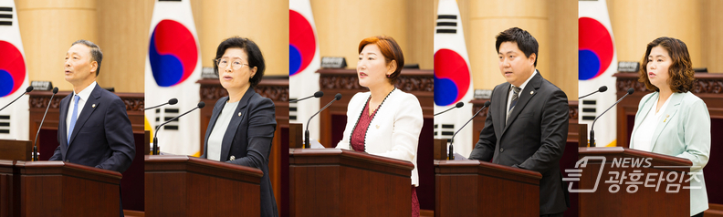 안산시의회가 27일 제297회 제1차 정례회 제2차 본회의를 열고 시정질문과 5분 자유발언을 실시했다. 사진 왼쪽부터 차례대로 이날 시정질문에 임한 한명훈 박은경 의원, 5분 자유발언을 진행한 현옥순 최찬규 박은정 의원의 모습.
