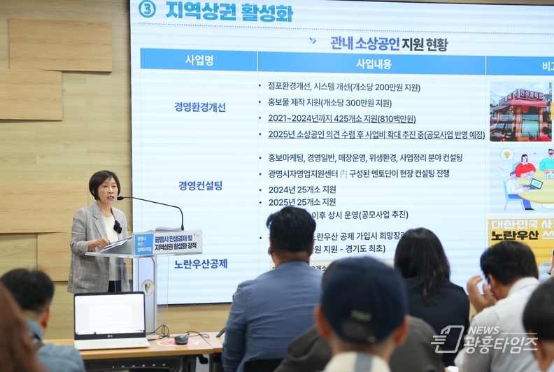홍명희 경제문화국장이 12일 오전 시청 중회의실에서 '광명시 민생경제 및 지역상권 활성화 정책'을 주제로 브리핑을 하고 있다.