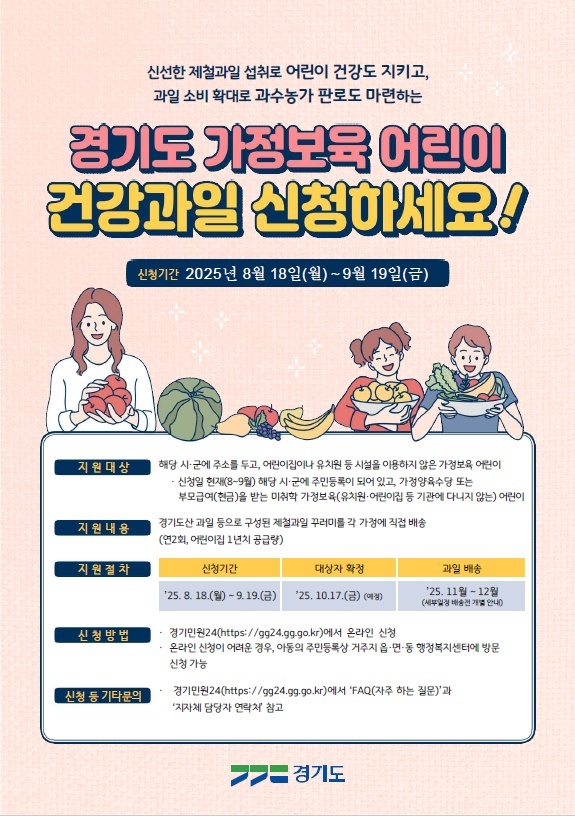 의왕시, 가정보육 어린이 건강 과일 지원 사업 신청 받아