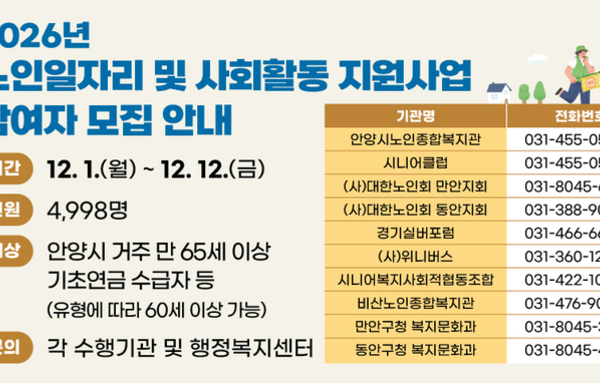 안양시, 2026 노인일자리 참여자 ‘4,998명’ 모집…12일까지 신청!