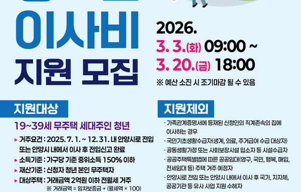 안양시, 청년가구 이사비 최대 50만원 지원…20일까지 신청 가능!