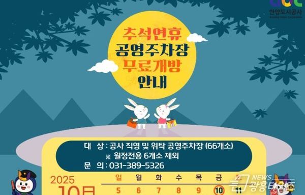 안양시, 추석 연휴 공영주차장 66곳 ‘무료 개방’…10월 5~9일까지