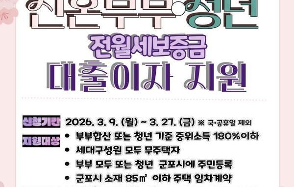 군포시, 신혼부부·청년 전월세 보증금 대출이자 지원사업 대상자 모집!