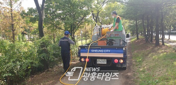 정왕3동_마을방역단이 방역활동을 하고 있다(사진제공=정왕3동 행정복지센터) 정왕3동_마을방역단이 방역활동을 하고 있다(사진제공=정왕3동 행정복지센터)