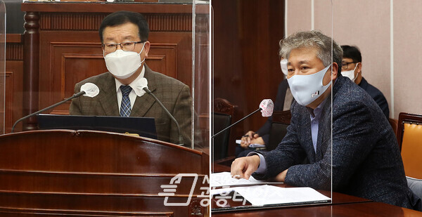 군포시의회 제258회 임시회 본회의에서의 장경민 부의장 5분 자유발언(왼쪽), 이견행 의원의 ‘군포시 재난기본소득 지급 조례’ 일부 개정안 제안설명(제공=군포시의회) 군포시의회 제258회 임시회 본회의에서의 장경민 부의장 5분 자유발언(왼쪽), 이견행 의원의 ‘군포시 재난기본소득 지급 조례’ 일부 개정안 제안설명(제공=군포시의회)
