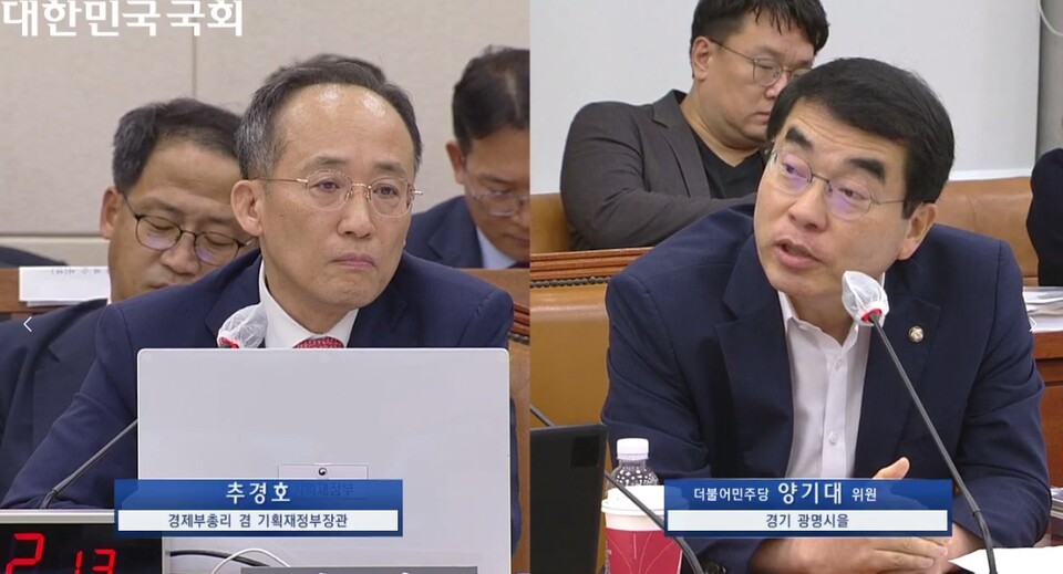국회기재위_추경호 부총리 및 기획재정부 장관에게 광명‧시흥 3기 신도시 보상지연에 대한 특단의 대책을 촉구 하고 있는 양기대 의원(사진제공=양기대 의원실)