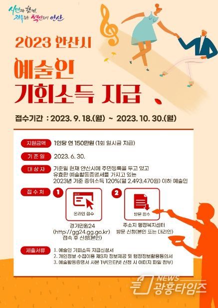 안산시, 예술인 기회소득 150만원 지급