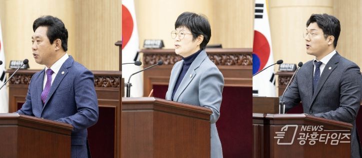 안산시의회가 14일 제286회 제2차 정례회 제2차 본회의를 열어 시정질문 및 5분 자유발언을 실시했다. 사진 왼쪽부터 차례대로 시정질문에 나선 한갑수 박은경 의원과 5분 자유발언을 진행한 최진호 의원의 모습.