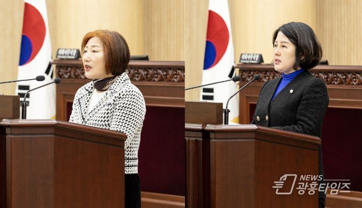 왼쪽이 이민청 설치 촉구 건의안을 대표 발의한 현옥순 의원이고 오른쪽은 이민청 안산 유치 건의안을 대표 발의한 황은화 의원의 모습.