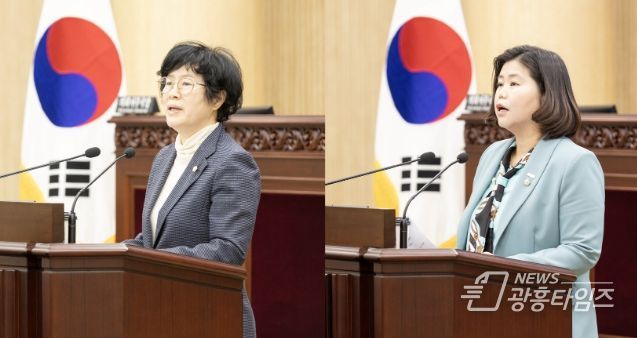 안산시의회가 20일 제289회 임시회 제2차 본회의를 열어 시정질문 및 5분 자유발언을 실시했다. 사진 왼쪽이 시정질문에 임하고 있는 박은경 의원의 모습이고 오른쪽은 5분 자유발언을 하고 있는 박은정 의원의 모습.