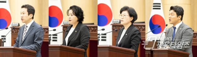 안산시의회가 11일 제292회 임시회 제2차 본회의를 열고 시정질문과 5분 자유발언을 실시했다. 사진 왼쪽부터 차례대로 시정질문에 임한 송바우나 의원과 5분 자유발언을 실시한 김진숙 박은경 최진호 의원의 모습.