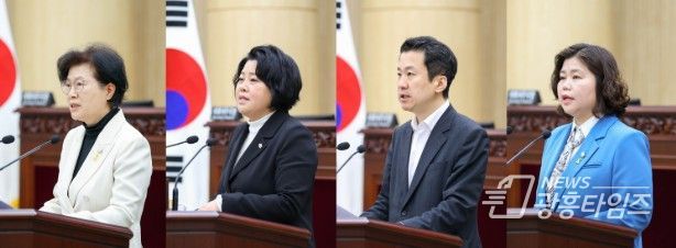 안산시의회가 8일 본회의장에서 제302회 임시회 제2차 본회의를 열고 시정질문과 5분 자유발언을 진행했다. 사진 왼쪽부터 이날 시정질문에 임한 박은경 의원과 5분 자유발언에 나선 김진숙 송바우나 박은정 의원의 모습.